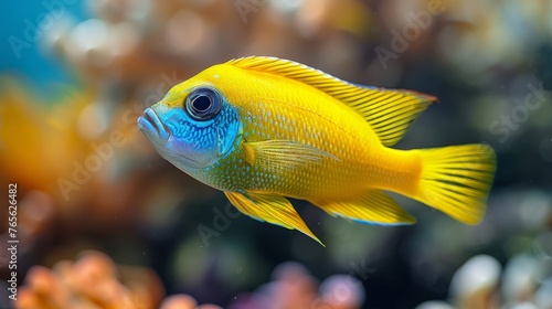  A macro shot of a vibrant yellow and azure fish amidst various corals, set against a lively reef backdrop