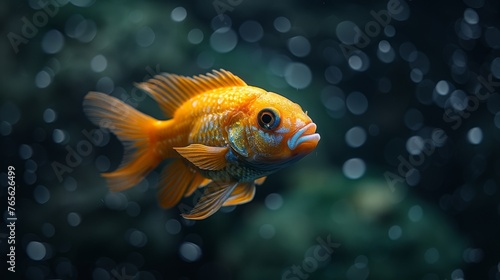  A sharp image of a goldfish on a black background with a blurred, bright light boke