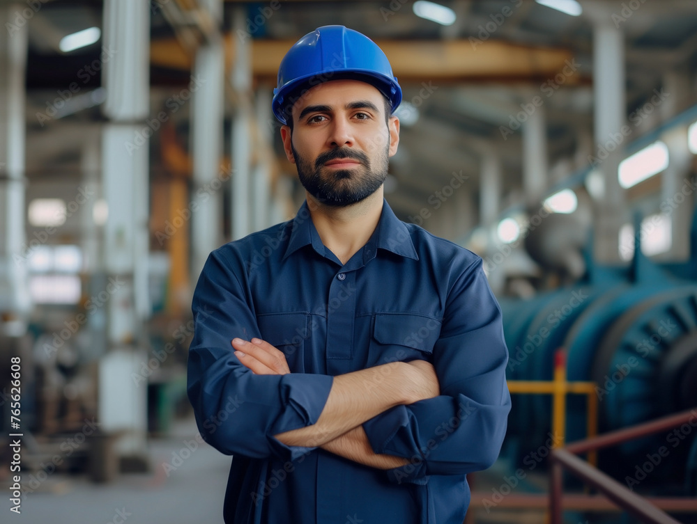 Portrait of industry maintenance engineer in blue with focused gaze Portrait of industry maintenance engineer in blue with focused gaze