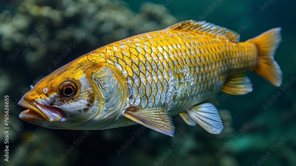 A close-up of a fish in the water, surrounded by coral reefs and other aquatic life A close-up of a fish in the water, surrounded by coral reefs and other aquatic life