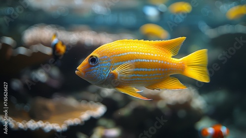  A yellow and blue fish, close up, in aquarium with many other fish behind