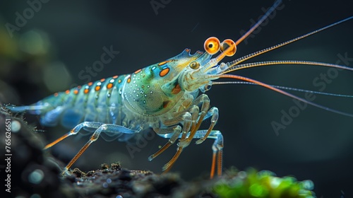  Shrimp photo with orange-blue stripe on head and legs against black backdrop