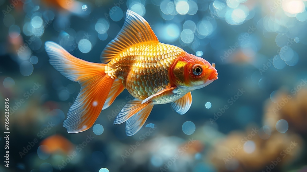 a goldfish in an aquarium with bubbles and a blue sky a goldfish in an aquarium with bubbles and a blue sky