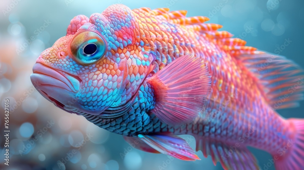 A close-up of a fish with pink and blue scales, showcasing a yellow and blue stripe on its backside A close-up of a fish with pink and blue scales, showcasing a yellow and blue stripe on its backside