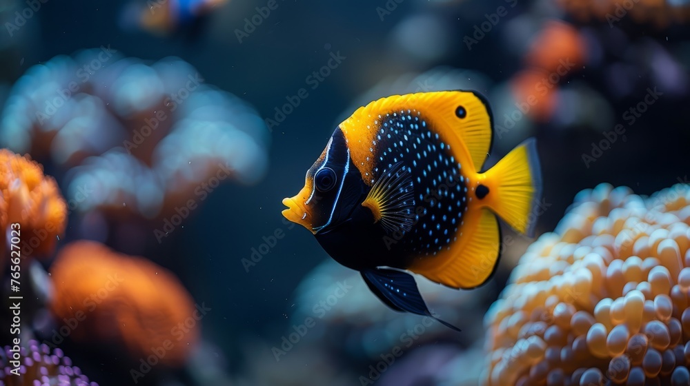 A close-up of a fish swimming near colorful coral in the background while water is visible in the foreground A close-up of a fish swimming near colorful coral in the background while water is visible in the foreground