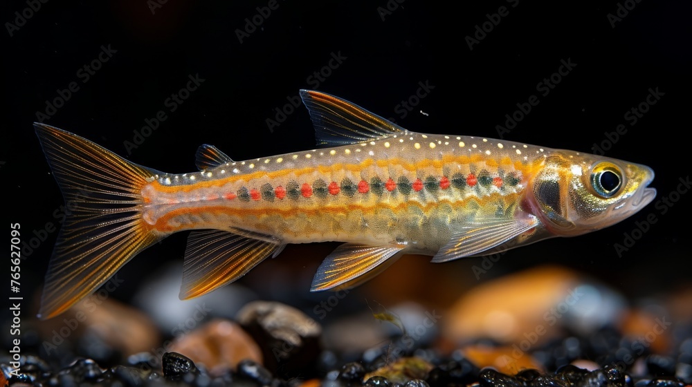 A close-up photo of a fish in a tank, surrounded by rocks and pebbles, against a dark backdrop A close-up photo of a fish in a tank, surrounded by rocks and pebbles, against a dark backdrop