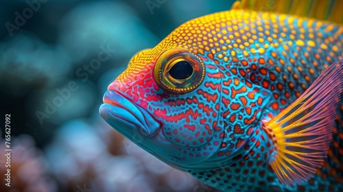  Blue and yellow fish with red and yellow spots on its face and body
