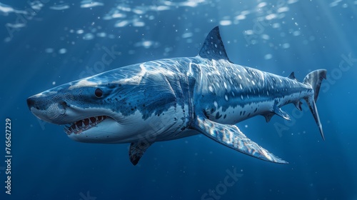  A great white shark swims underwater with its mouth gaping