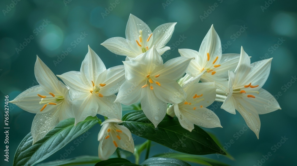 White vase, filled with white flowers, atop lush green plant with droplets on petals White vase, filled with white flowers, atop lush green plant with droplets on petals