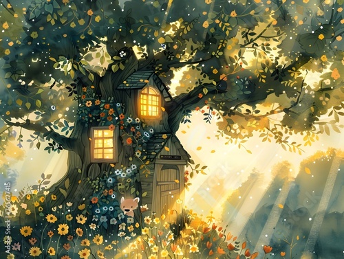 Enchanting Fairy Cottage Nestled in Glowing Woodland Scene