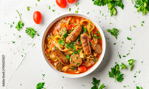 Balanced Nutrition: Delicious Stewed Cabbage with Sausage, Herbs, and Tomatoes © verticalia