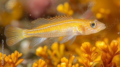 A macroscopic shot of a fish swimming in a watery environment, surrounded by yellow flora in the foreground and an indistinct background
