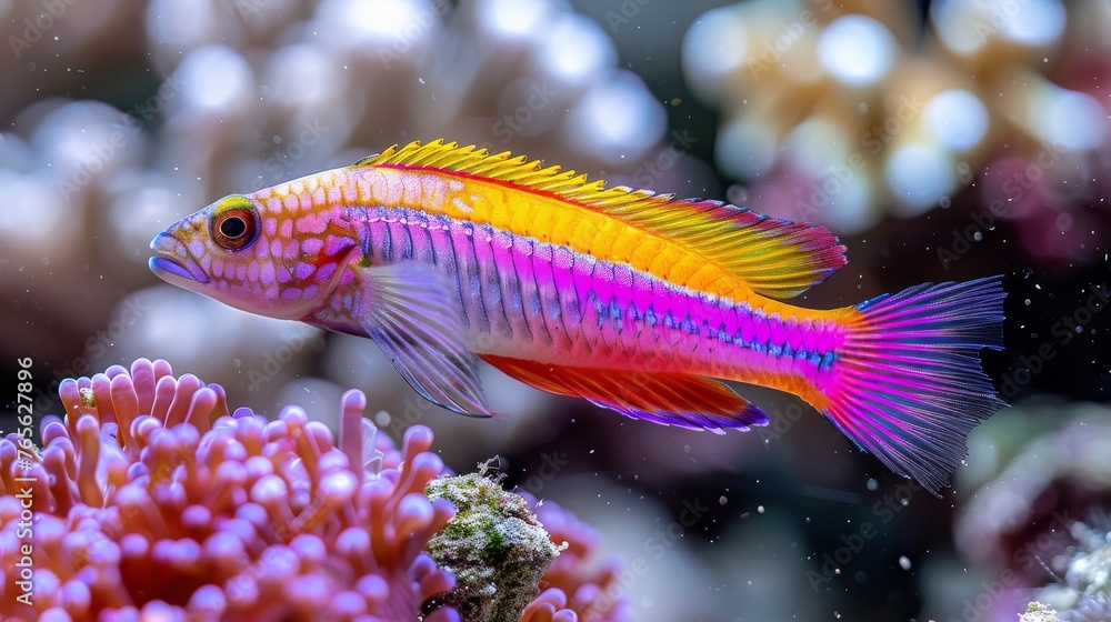 A close-up of a fish on coral, surrounded by corals and sea anemones in the background A close-up of a fish on coral, surrounded by corals and sea anemones in the background