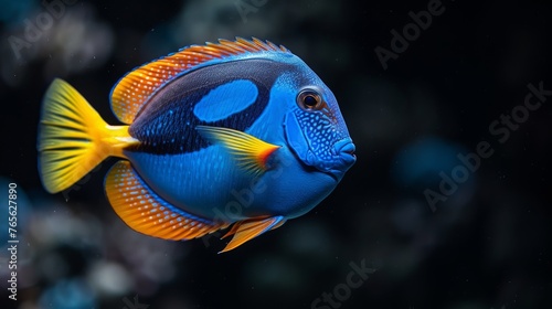  A photo of a single blue and yellow fish, closely zoomed in against a black backdrop, with various fish visible in the surrounding water