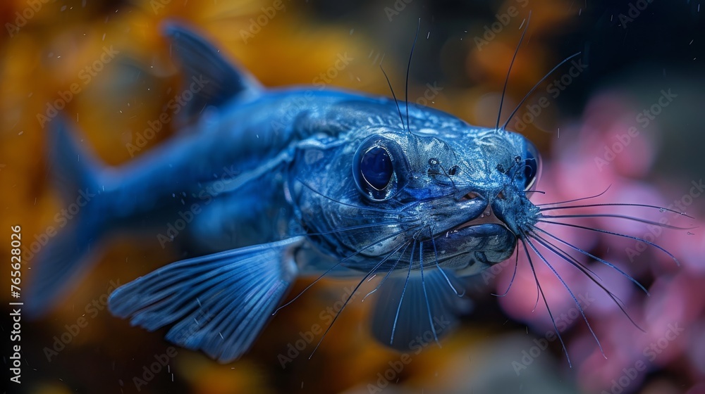 A photo of a blue fish with whiskers and a pink flower behind, taken at a close range A photo of a blue fish with whiskers and a pink flower behind, taken at a close range