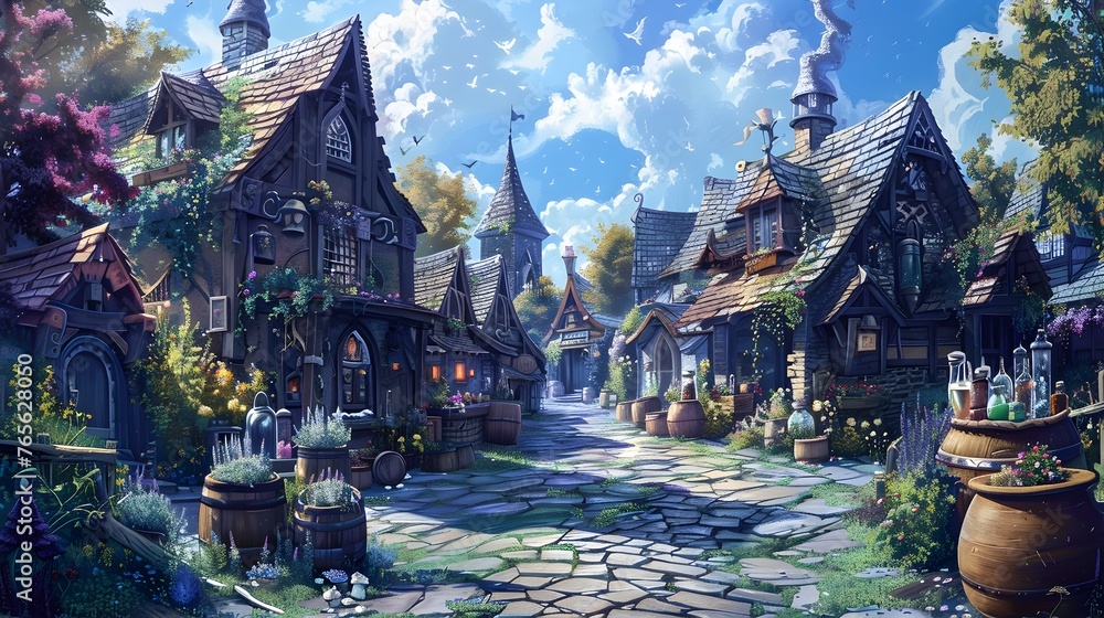 Enchanting Medieval Fantasy Village with Charming Cottages,Towers,and Winding Pathways in a Lush,Whimsical Landscape
