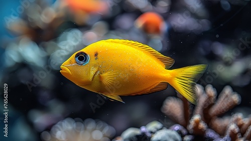  A yellow fish, close-up on coral with background corals & water in foreground
