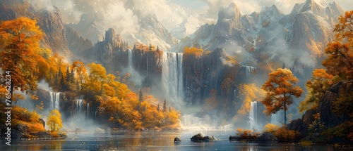 Majestic Autumn Waterfall Landscape with Vibrant Fall Foliage and Misty Mountains