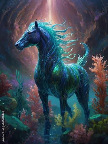 A mystical blue horse with intricate patterns swims underwater surrounded by coral reefs.Generative AI © SayedaRima