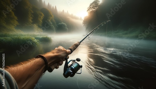 A close-up of an arm casting a fishing line into a serene river during a misty morning. photo