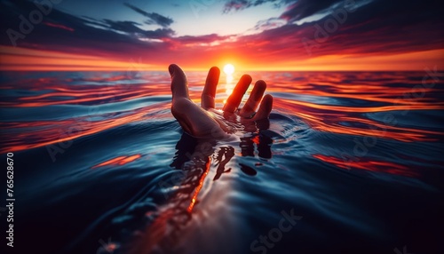 An image of the sun setting over the ocean with just a hand and part of an arm emerging from the water, reaching towards the fading light. photo