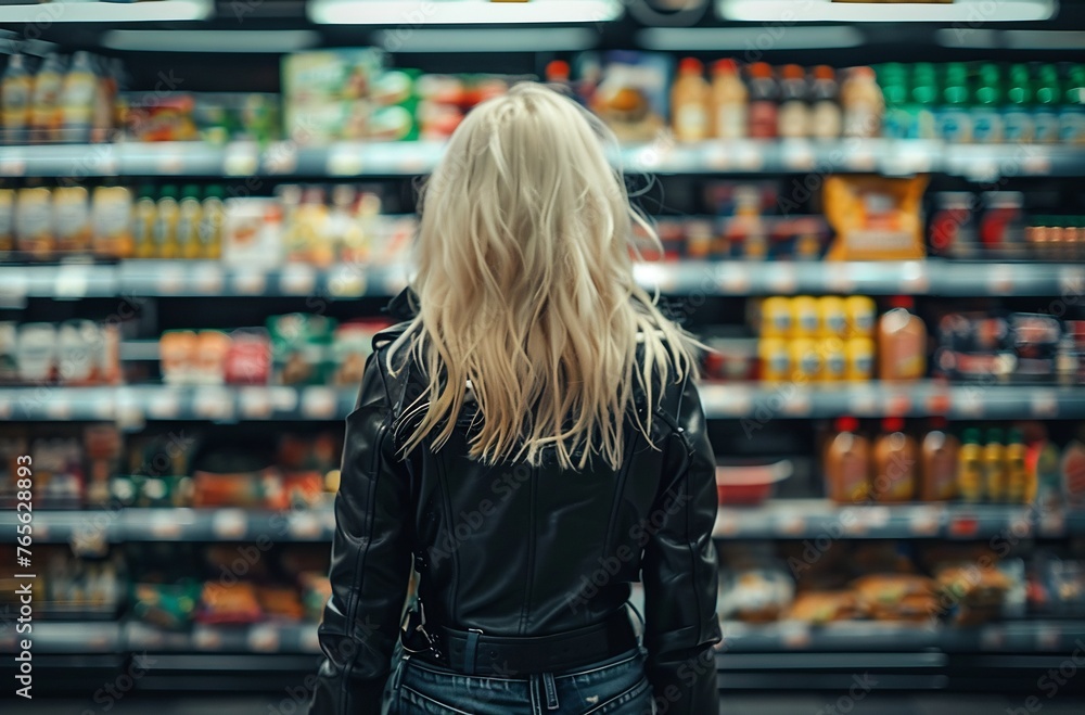 woman with white hair, wearing black leather jacket and jeans standing in the middle isle at store - obrazy, fototapety, plakaty 