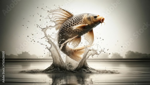 A dynamic image of koi fish jumping out of the water, with water droplets frozen in motion around them.