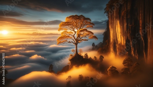 Envision a solitary, majestic tree perched on the edge of a towering cliff, its branches heavy with golden leaves that cast a warm, luminous glow over.
