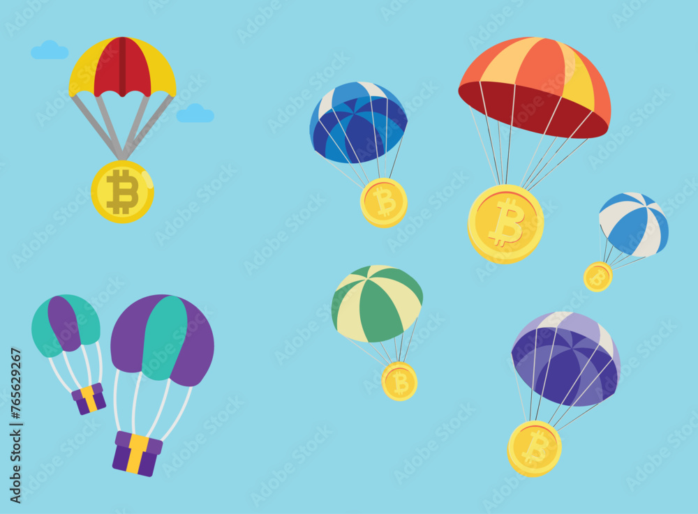 Win Crypto Airdrops, BTC, Bitcoin, Virtual Currency, Blockchain, Latest Technology, Cryptocurrency, Trading, Finance Vector Template