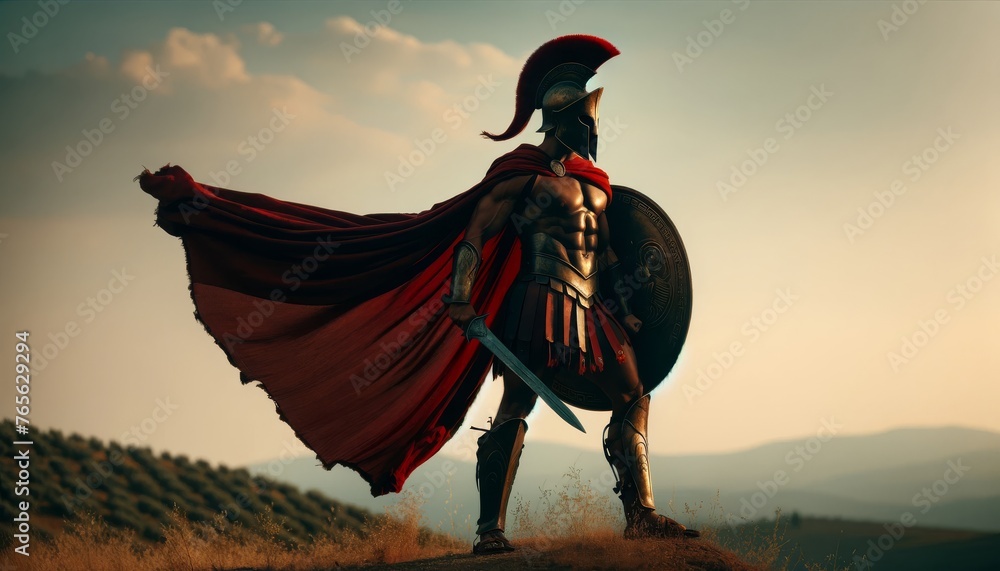 A solitary Spartan warrior stands atop a hill, the wind gently tugging at his crimson cape.