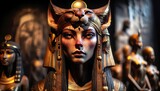 A mystical representation of an Egyptian goddess, merging human features with those of an animal, possibly a lioness, indicative of a deity like Sekhm.