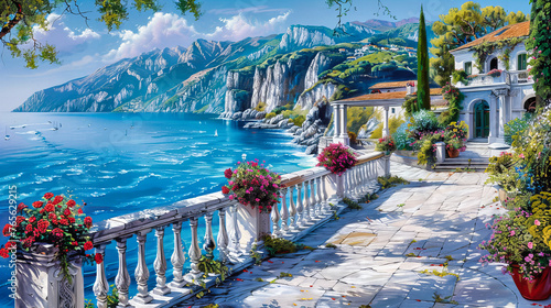 Idyllic European summer landscape in Italy, painted in vibrant colors, capturing the essence of vacation, art, and architecture