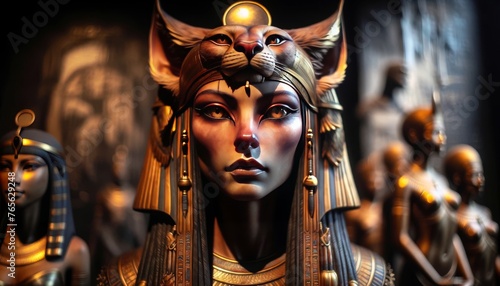 A mystical representation of an Egyptian goddess, merging human features with those of an animal, possibly a lioness, indicative of a deity like Sekhm.