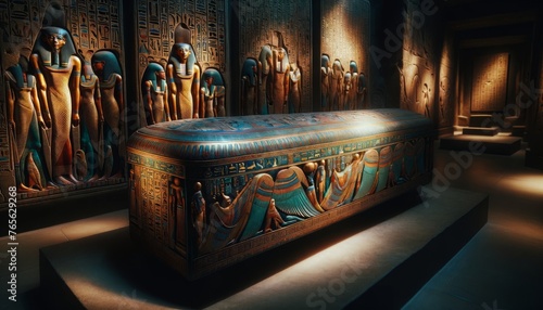 A close-up of an intricately carved sarcophagus, the focus is on the craftsmanship, featuring rich and detailed hieroglyphs and images of ancient Egyp. photo