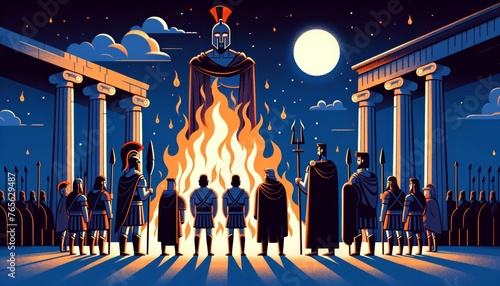 An image focusing on the grand funeral pyre of Patroclus, with Achilles leading the mourning rites.