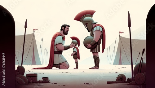 A whimsical, animated art style depiction of Telamon preparing his son Ajax for the Trojan War or receiving news of the war's progress. photo