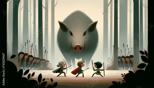 A whimsical, animated art style depiction of the tense moment before the Calydonian Boar hunt, capturing Telamon, Atalanta, and Meleager as they steal. photo