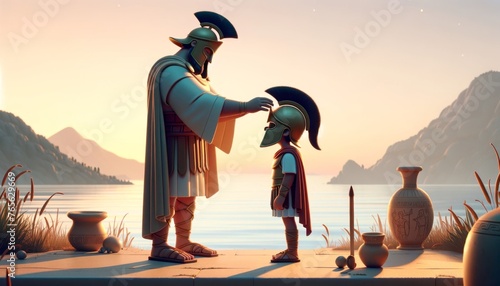 A whimsical, animated art style image depicting a powerful and emotional moment where Telamon, a character from Greek mythology, is placing a warrior'. photo