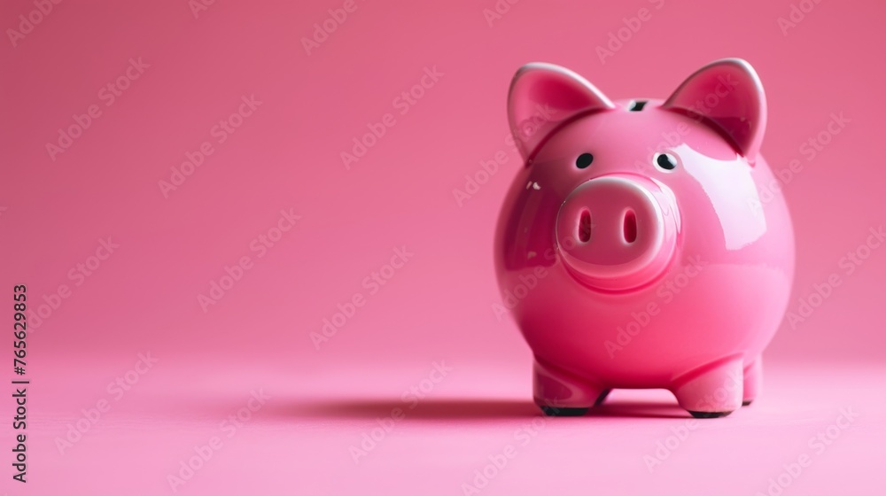 close up of a pink piggy bank isolated on light pink background, side view. ai generated
