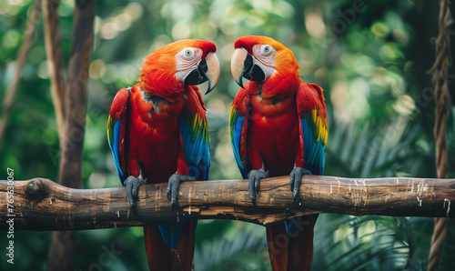 Pair of big parrot Scarlet Macaw, Ara macao, two birds sitting on branch, Brazil. Wildlife love scene from tropic forest nature. © Natalina