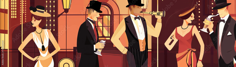 Fototapeta premium Roaring '20s Speakeasy Soiree: Transport Back in Time to an Era of Glamour, Jazz, and Flappers
