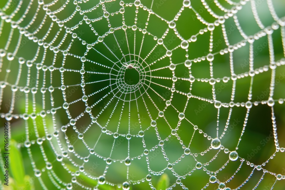 Fototapeta premium spider web with dewdrops on it. The droplets are distributed along the web's strands, likely captured in a close-up with a natural green backdrop, emphasizing the intricate details and pattern