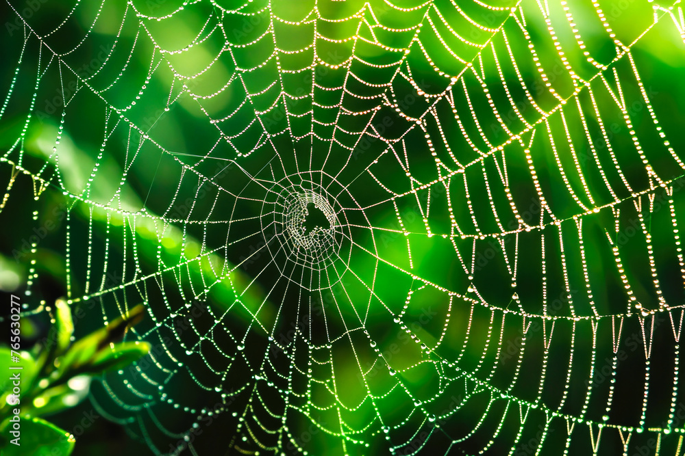 Naklejka premium spider web with dewdrops on it. The droplets are distributed along the web's strands, likely captured in a close-up with a natural green backdrop, emphasizing the intricate details and pattern