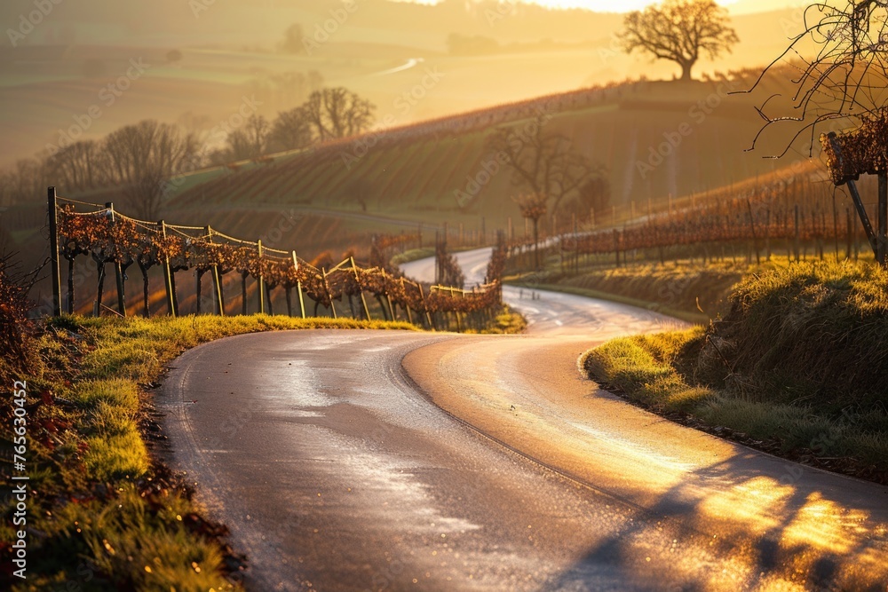A winding road in what looks to be a German vineyard during sunrise or sunset, with the light creating a warm glow on the road surface and the surrounding landscape
