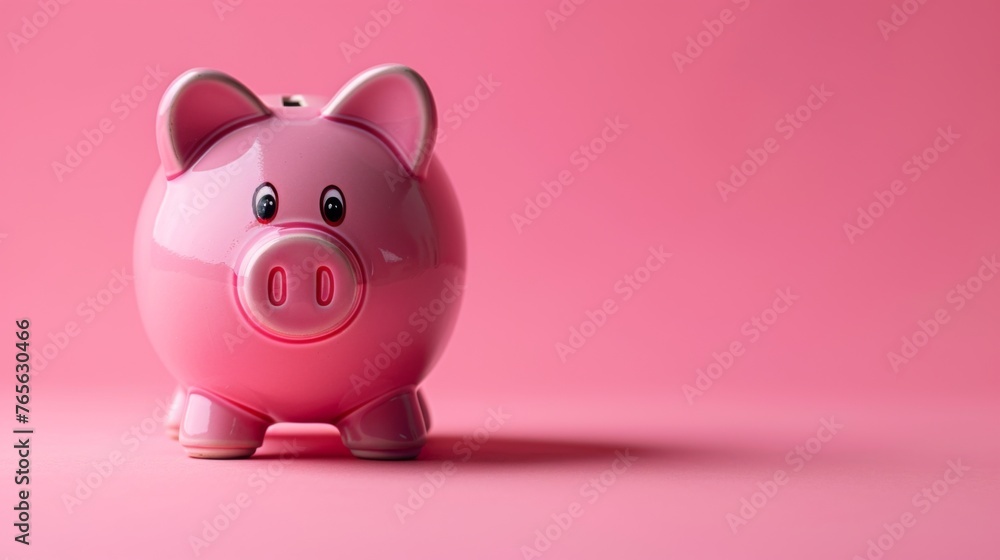 close up of a pink piggy bank isolated on light pink background, side view. ai generated