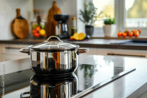 A modern cooking pot with a chrome-plated lid on an induction cooktop, which appears to be in a contemporary kitchen with an extractor fan visible in the background