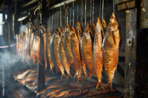 Smoked fish, specifically mackerel, hanging in a smokehouse, where they're being processed through smoking, a method that both flavors and preserves the fish