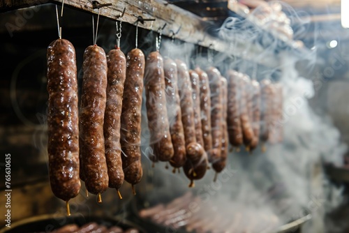 a process of smoking sausage. The sausages hang in a smokehouse, with clouds of smoke rising up to envelop the hanging meat