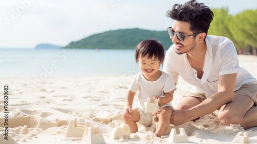 A man and a child are playing in the sand at the beach