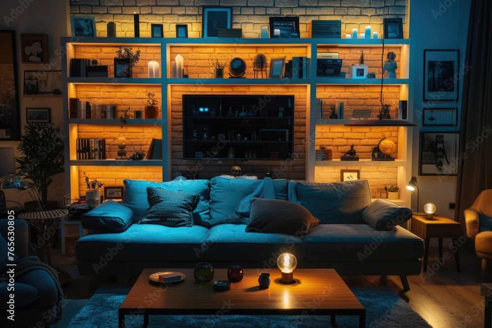 a darker-toned living room with a comfortable couch, shelving units filled with various objects, and glowing lamps that provide a warm illumination against the backdrop of a brick wall